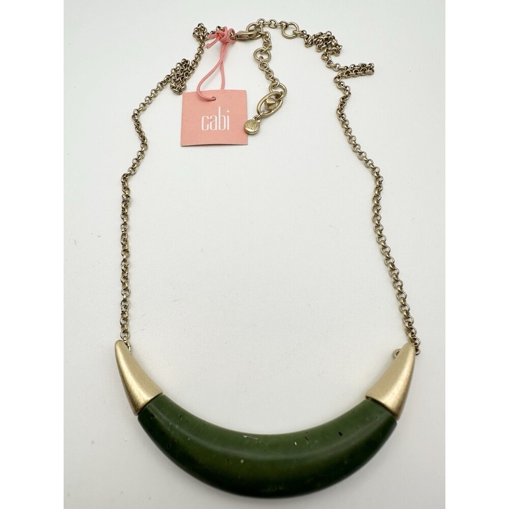 cabi Statement Necklace Green Jasper Gold Tone Crescent Horn Grecian 25”